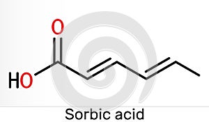 Sorbic acid, 2,4-hexadienoic acid, E200 molecule. It is hexadienoic and polyunsaturated fatty acid. It is conjugate acid of sorbat