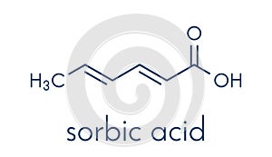 Sorbic acid food preservative molecule. Sorbate sodium, potassium, calcium also used for same purpose. Skeletal formula.