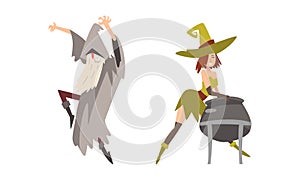 Sorcerer in Pointed Hat Practicing Wizardry and Witchcraft Boiling Poison in Cauldron Vector Set