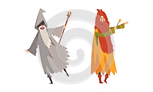 Sorcerer in Pointed Hat Practicing Wizardry and Witchcraft with Magic Wand Vector Set photo