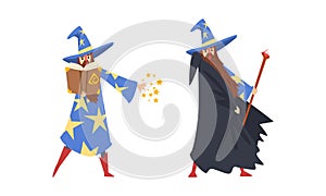 Sorcerer in Pointed Hat and Starry Gown Practicing Wizardry and Witchcraft with Magic Stick and Spellbook Vector Set photo