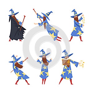 Sorcerer in Pointed Hat and Starry Gown Practicing Wizardry and Witchcraft with Magic Wand Vector Set