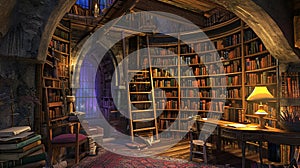 Sorcerers Library in a Pocket Dimension. Generative Ai photo