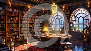 Sorcerers Library in a Pocket Dimension. Generative Ai photo