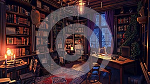 Sorcerers Library in a Pocket Dimension. Generative Ai photo