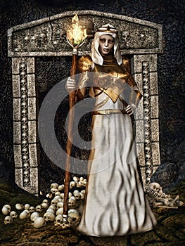 Sorceress at the gate with skulls photo