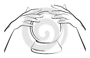 Sorceress hands over a crystal ball. Prediction of the future, astrology. Isolated vector on white background