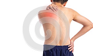 Sore pain of shoulder. Sprain and arthritis symptoms. middle age man holding his hurt shoulder