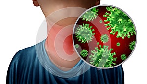 Sore throat infection as a neck with microscopic germ anatomy close up as a symbol for flu or influenza sickness with 3D