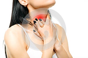 Sore throat, painful woman, white background