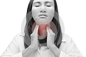 Sore throat woman on white background