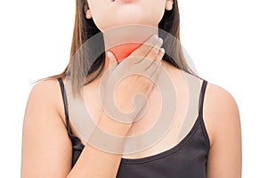 Sore throat woman on white background