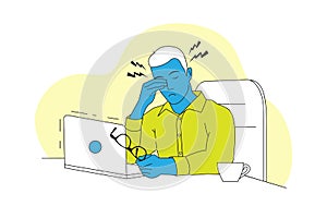 Soreness of the Eyes. Guy rubs his Eyes in front of the Laptop. Eye Health in the workplace.