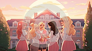 Sorority sisters outside a sorority house at college, wearing pink and white clothing - cartoon style