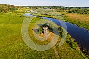 Sorot River aerial photography. Mikhailovskoe, Pushkinskie Gory. Pskov region