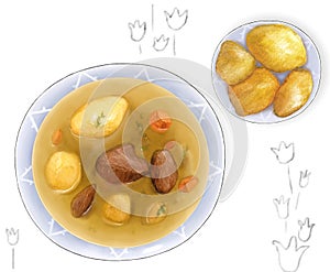 Sorpa and Baursak national Kazakh dish, food illustration