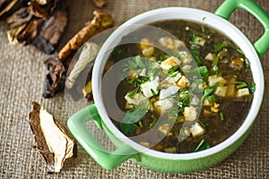 Sorrel soup with dried mushrooms