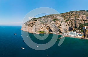 Sorrento coast, Aerial view of the Meta bay. One of the most expensive resorts. beautiful Italy landscape. Sea, boats, mountain