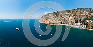 Sorrento coast, Aerial view of the Meta bay. One of the most expensive resorts. beautiful Italy landscape. Sea, boats, mountain