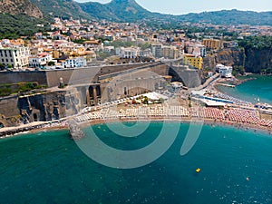 Sorrento coast, Aerial view of the Meta bay. One of the most expensive resorts. beautiful Italy landscape. Sea, boats, mountain