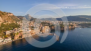 SORRENTO, ITALY Panoramic aerial view of Sorrento, the Amalfi Coast in Italy in a beautiful summer evening sunset