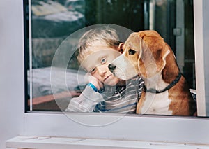 Sorrow little boy with best friend looking through window