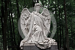 The Sorrowful Angel. Marble mourning angel on a background of g