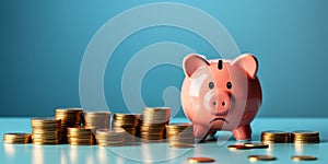 Sorrowful Pink Piggy Bank with Coin Stacks Conceptualizing Financial Savings Investment Economy and Budgeting with Copy Space on