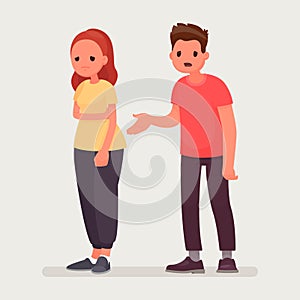 Sorry. The man apologizes to the offended woman. Relationships. Vector illustration