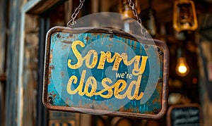 Sorry we\'re closed sign hanging on a dark wooden background indicating business hours, closure, and retail shop customer