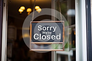 Sorry we\'re closed sign hanging outside a restaurant, store, office