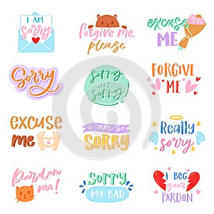 Sorry text vector excuse lettering design forgiveness message apologize typography script illustration typographic