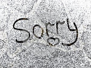 Sorry text written on snowy surface. Sorry note. Apologize concept