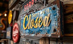 Sorry were closed sign hanging on a dark wooden background indicating business hours, closure, and retail shop customer