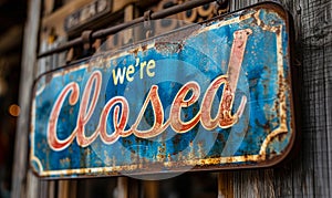 Sorry were closed sign hanging on a dark wooden background indicating business hours, closure, and retail shop customer