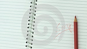 Sorry written on open notebook. Closeup. Mistake learning, blooper, regret sayings in love relationship friendship background.