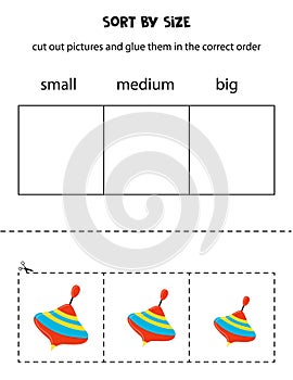 Sort cartoon spinning tops by size. Educational worksheet for kids.