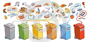 Sort the garbage in correct trash cans. Organic, Glass, Metal, Plastic, Paper, E-Waste