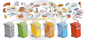 Sort the garbage in correct trash cans. Organic, Glass, Metal, Plastic, Paper, E-Waste photo