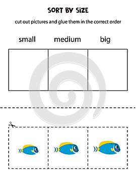 Sort powder blue tang fish by size. Educational worksheet for kids