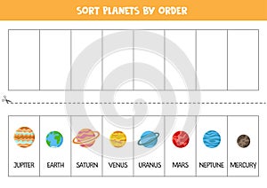 Sort Solar system planets by order. Space worksheet for children