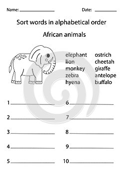 Sort words into alphabetical order. African animals