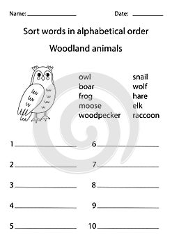 Sort words into alphabetical order. Woodland animals