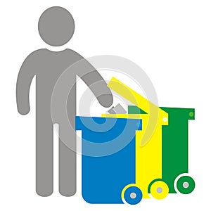 Sorted waste, person and three waste cans, vector icon