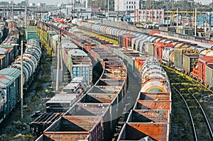 Sorting freight wagons on the railroad while formation the train.