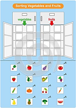 Sorting Fruits and Vegetables in refrigerator, worksheet for kindergarten