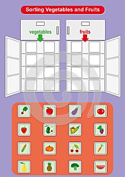 Sorting Fruits and Vegetables in refrigerator, worksheet for kindergarten kids