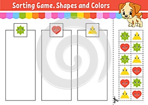 Sorting game. Shapes and colors. Cut and glue. Education developing worksheet. Game for kids. Color activity page. Puzzle for