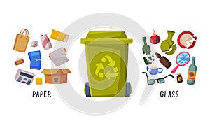 Sorting Garbage with Dustbin and Recycle Trash Object Vector Set
