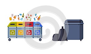 Sorting Garbage with Dustbin and Recycle Trash Object Vector Set